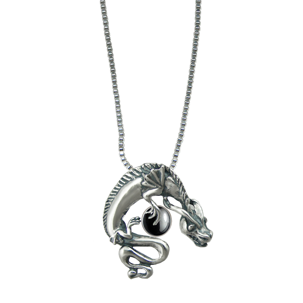 Sterling Silver Playful Dragon Pendant With Hematite